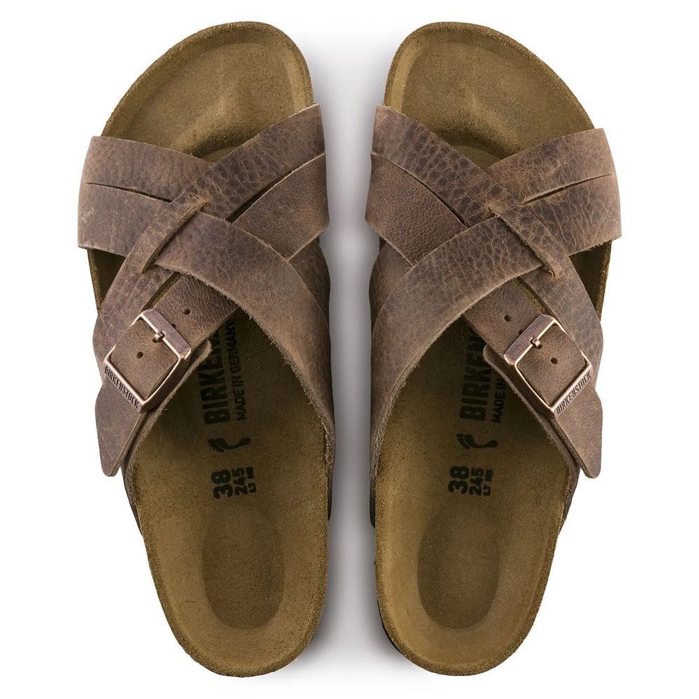 NEW Birkenstock Lugano Sz L6 Faded Khaki Oiled Leather Cross Strap Sandals
